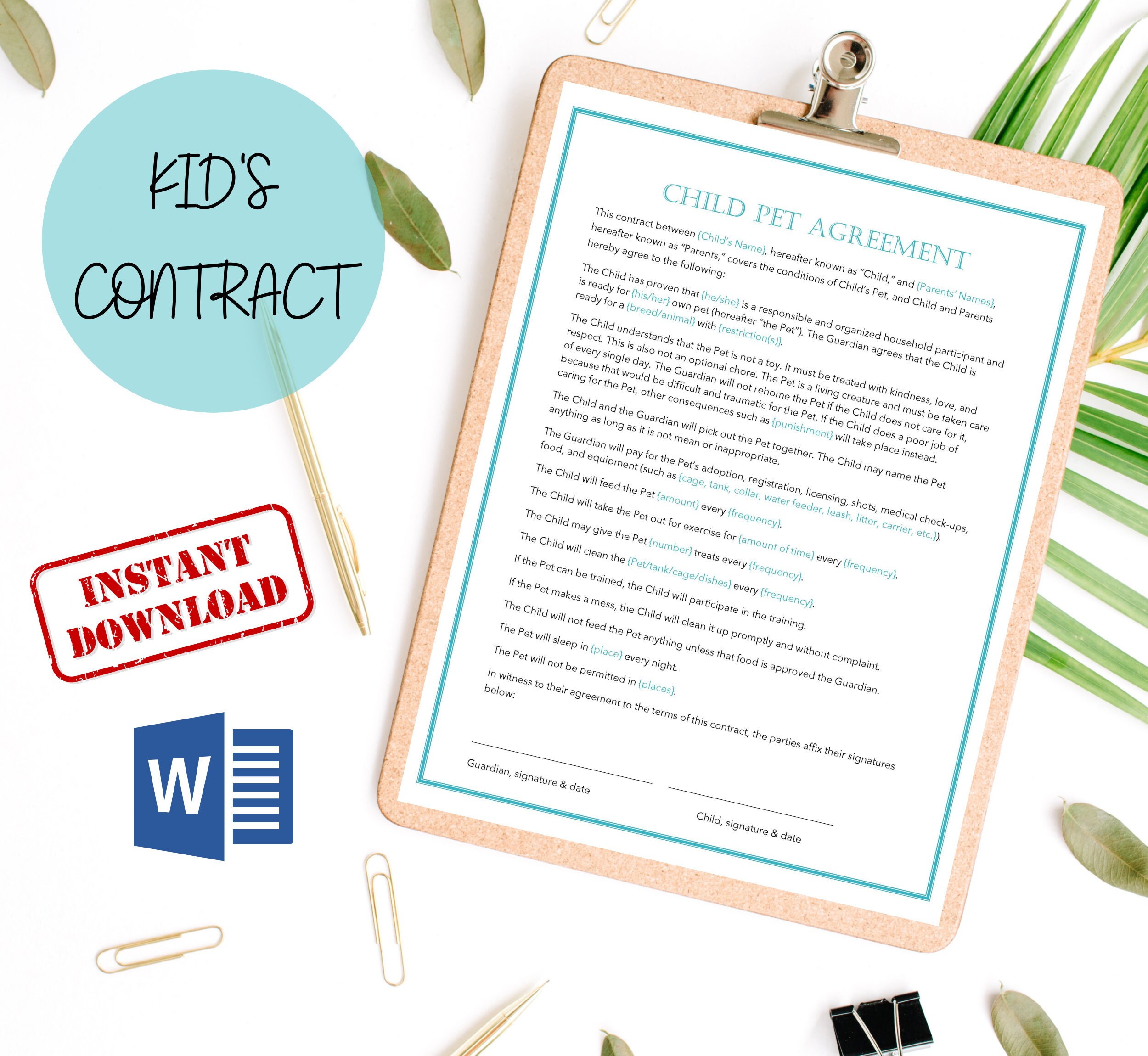 Easy to Edit Child Pet Contract for Kids Teen Student | Etsy
