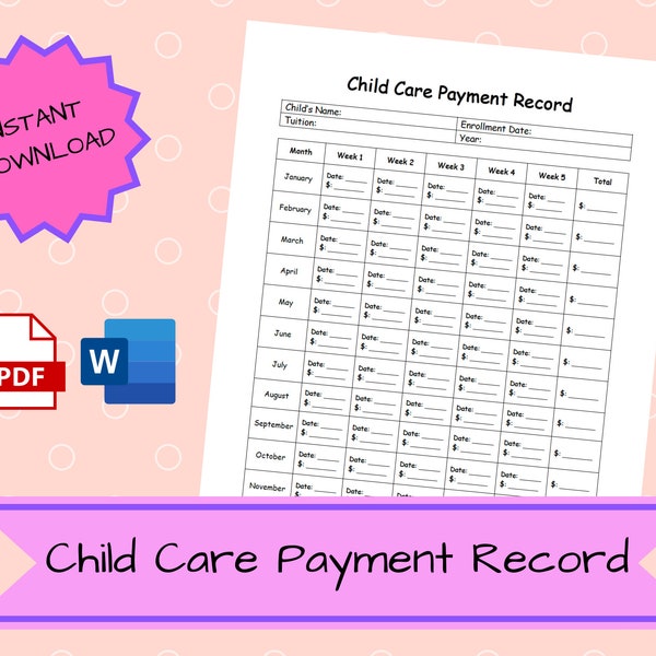 Payment Record | Child Care Tuition Log | Child Care Payment Record | Tuition Tax Statement | PDF & Word | Instant Downloand