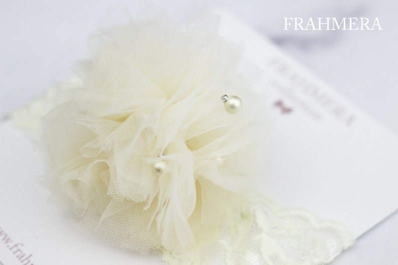 Baby Lace Headband Matching Lace Elastic Band Toddler Headband Pearl Tulle Pom Pom Lace Headband Pearl Accent