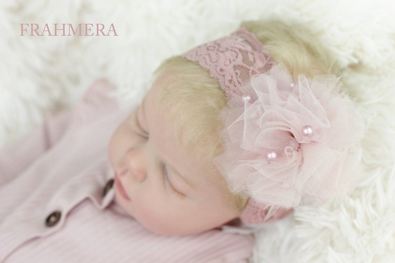 Baby Lace Headband Matching Lace Elastic Band Toddler Headband Pearl Tulle Pom Pom Lace Headband Pearl Accent