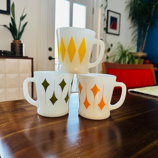 FIREKING Trailing Diamond / Harlequin Milk Glass Mugs — Sold Separately