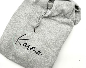 Hoodie/Kapuzenpullover/Sweatpullover "Karma"/Statementshirt/Sweatshirt mit Kapuze und individuellem Aufdruck/Karmaspruch auf Shirt