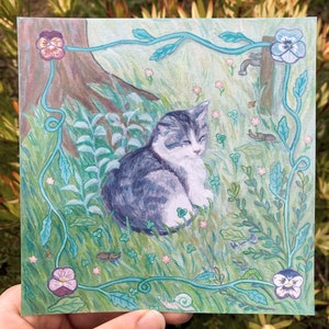 sleepy tabby in garden - square art print/postcard