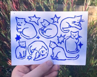 cats & stars original lino print!