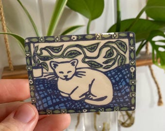 sleepy cat & houseplant lino print - vinyl stickers