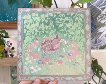 piccolo cerbiatto con anello fatato - stampa artistica quadrata/illustrazione per cartolina