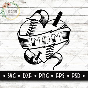 Heart Baseball MOM || Traditional Style || Cut File & SVG|| Cricut Silhouette Glowforge Compatible ||svg png dxf psd eps