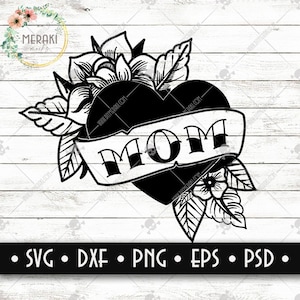 MOM Corazón de estilo tradicional // Estilo tradicional // Archivo de corte &svg// Silueta cricut glowforge compatible //svg png dxf psd eps
