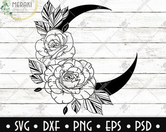May include: Black and white line art design of a crescent moon with two roses and leaves. The design is perfect for crafting projects like vinyl decals, t-shirt designs, and more.