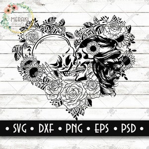 Crânes en forme de cœur || Crânes amoureux || Couper le fichier & SVG|| Cricut Silhouette Glowforge Compatible || svg png dxf psd eps
