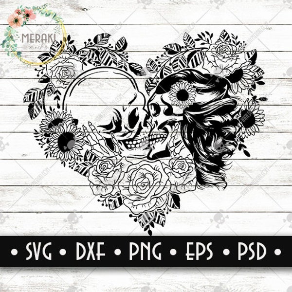 Skulls in Heart Shape || Skulls In Love || Cut File & SVG|| Cricut Silhouette Glowforge Compatible ||svg png dxf psd eps