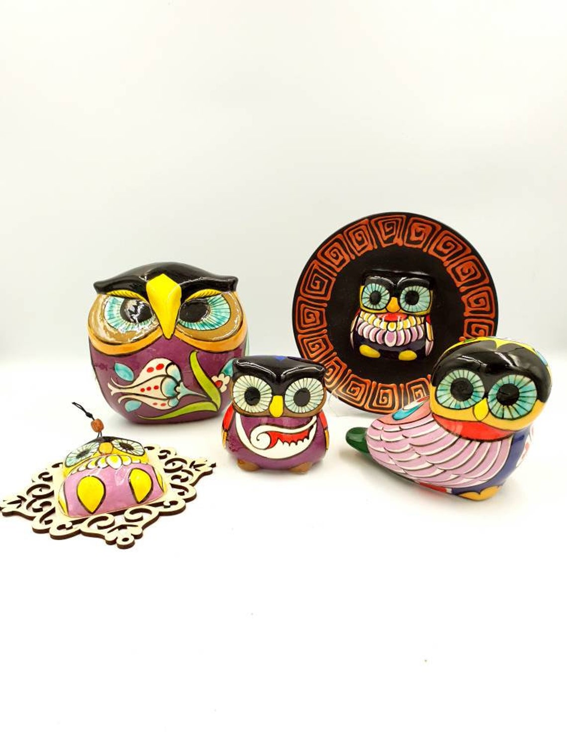 Handmade Ceramic Owls Decorative Owl Figurine Colorful Owl Etsy