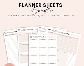 Könnte beinhalten: Ein Set druckbarer Planerblätter im Bundle. Die Blätter beinhalten ein 5-Minuten-Journal, einen Gewohnheitstracker, einen Zielplaner, einen Monatsplaner und eine Jahresübersicht. Die Blätter sind im minimalistischen Stil mit einem rosa-weißen Farbschema gestaltet.
