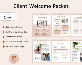 Guide de bienvenue, modèles modifiables d'intégration des clients, boîte à outils pour les indépendants, les photographes et les entreprises en ligne, modifiables dans Canva