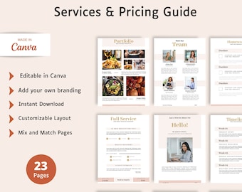 Modifiable dans Canva, modèle de guide des services et des tarifs, pour les indépendants et les créatifs. Ajoutez votre propre image de marque à ce paquet fait pour vous.