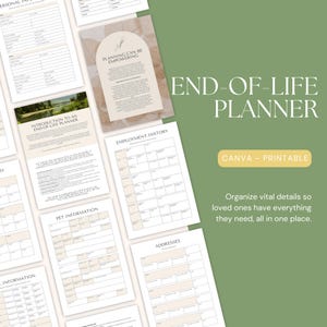 Puede incluir: Un planificador de fin de vida imprimible con secciones para información personal, historial laboral, información sobre mascotas y direcciones. El planificador está diseñado para ayudar a organizar detalles vitales para los seres queridos. El texto "END-OF-LIFE PLANNER" se muestra en letras grandes y negritas en la parte superior de la imagen.