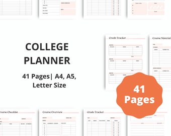 Può includere: Un planner universitario stampabile di 41 pagine. Il planner include sezioni per le liste di controllo dei corsi, le panoramiche dei corsi, i tracker dei voti, i tracker dei crediti e i materiali del corso. Il planner è disponibile nei formati A4, A5 e lettera.