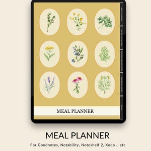 Könnte beinhalten: Ein digitaler Essensplaner auf einem schwarzen Tablet. Der Planer zeigt botanische Illustrationen in ovalen Rahmen auf goldenem Hintergrund. Der Text "MEAL PLANNER" ist sichtbar, zusammen mit Informationen zur App-Kompatibilität.