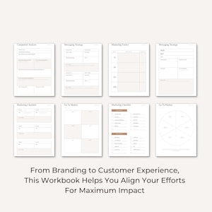 Peut inclure: Un classeur avec un fond beige et du texte noir. Le classeur est divis&eacute; en sections avec des titres tels que "Analyse de la concurrence", "Strat&eacute;gie de communication", "Tactique marketing", "Canaux marketing", "Aller sur le march&eacute;" et "Liste de contr&ocirc;le marketing". Le classeur est con&ccedil;u pour aider les entreprises &agrave; aligner leur image de marque et leur exp&eacute;rience client pour un impact maximal.