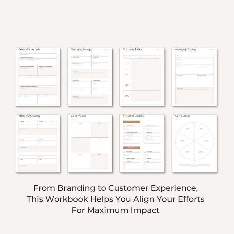 Peut inclure: Un classeur avec un fond beige et du texte noir. Le classeur est divis&eacute; en sections avec des titres tels que "Analyse de la concurrence", "Strat&eacute;gie de communication", "Tactique marketing", "Canaux marketing", "Aller sur le march&eacute;" et "Liste de contr&ocirc;le marketing". Le classeur est con&ccedil;u pour aider les entreprises &agrave; aligner leur image de marque et leur exp&eacute;rience client pour un impact maximal.