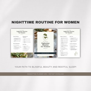 以下が含まれることがあります： 「Nighttime Routine for Women」と題された3つのチェックリストが特徴のデジタルダウンロード。チェックリストは、精神的な健康、睡眠の最適化、明日の準備、衛生、スキンケア、ボディケア、快適さ、リラックス、ヘアケアをカバーしています。デザインはミニマリストです。