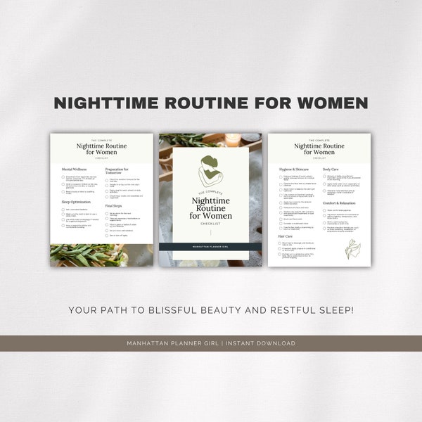 Nachtroutine voor vrouwen, dagelijkse routine, zelfzorgchecklist, bedtijdroutine, visuele routine, nachtritmetracker, wellnessplanner