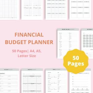 May include: A printable financial budget planner with 50 pages. The planner includes sections for tracking accounts, monthly budgets, bank accounts, online billing accounts, and no spend challenges. The planner is available in A4, A5, and letter sizes.