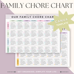 Printable Customizable Family Chore Chart, Reusable Household Organizer, Canva Editable, Family Organizer, Household Tasks, Task Management
