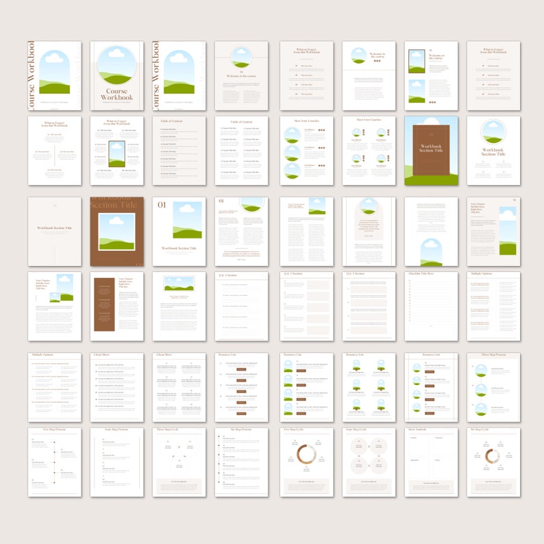 Puede incluir: Un libro de trabajo de curso imprimible con un dise&ntilde;o de paisaje verde y azul. El libro de trabajo incluye secciones para notas, ejercicios y reflexi&oacute;n. El texto "Course Workbook" aparece en la portada.