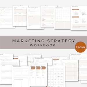 Peut inclure: Un classeur de strat&eacute;gie marketing avec un sch&eacute;ma de couleurs brun et blanc. Le classeur comprend des sections pour la strat&eacute;gie des m&eacute;dias sociaux, la planification des campagnes de courriels, la planification du contenu, la liste de contr&ocirc;le SEO, l'analyse de la concurrence, la strat&eacute;gie de messagerie, la recherche de mots-cl&eacute;s, les id&eacute;es de contenu, la liste de contr&ocirc;le marketing, les tactiques marketing et les canaux marketing.