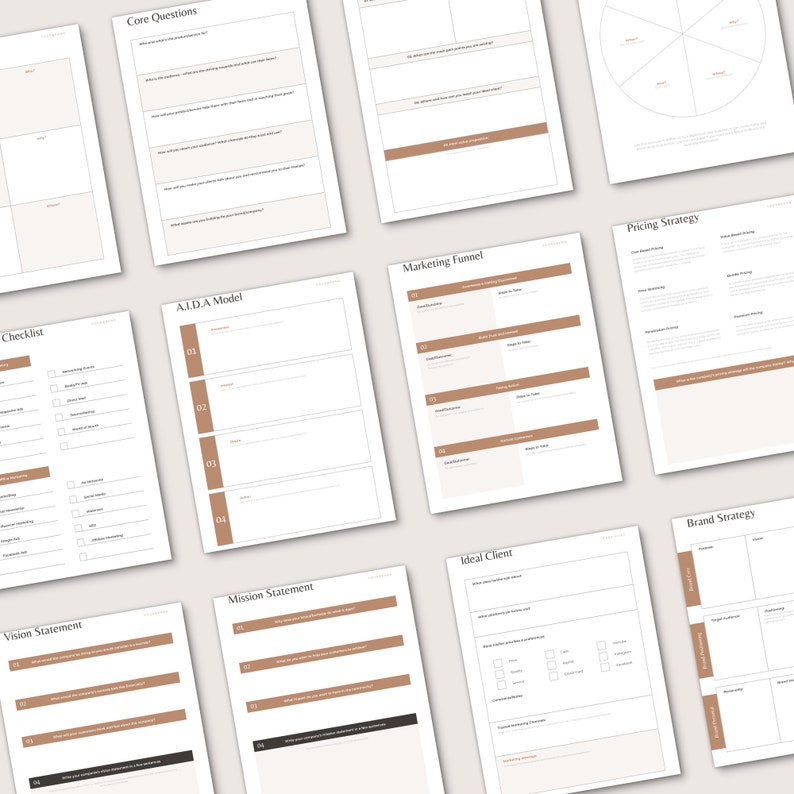 Marketing Strategy Workbook, Marketing Planner, Content marketing, Brand Building Kit, Competitors, Keyword Research, Ideal Clients, Marketing Funnel, A.I.D.A. Model, Marketing Checklist, Brand Strategy, Market Trends, Customizable in Canva