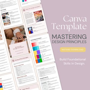 Könnte beinhalten: Canva-Vorlage zum Erlernen von Designprinzipien. Die Vorlage enthält Abschnitte zu Farbtheorie, Typografie und dem Verständnis von Farbschemata. Der Text "Mastering Design Principles" und "Sofort-Download" ist auf der Vorlage zu sehen.