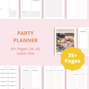 May include: A printable party planner with 35+ pages. The planner includes sections for party events, decorations, guest list, and more. The cover features a floral design with teacups and a teapot.