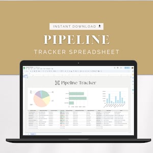 Puede incluir: Una pantalla de computadora portátil que muestra una hoja de cálculo de Google titulada "Pipeline Tracker". La hoja incluye un gráfico circular, gráficos de barras y una tabla con columnas para "Etapa de oportunidad", "Nuevo nombre de oportunidad", "Nombre del cliente", "Valor estimado", "Fecha de cierre estimada", "Representante de ventas", "Estado", "Próximos pasos", "Notas" y "Propuesta".