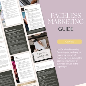 Könnte beinhalten: Ein Leitfaden für Faceless Marketing mit dem Titel "Faceless Marketing Guide" und dem Text "the Faceless Marketing Guide is your pathway to mastering the art of marketing from behind the scenes, ensuring your business thrives in the digital age." Der Leitfaden ist für die Verwendung mit Canva konzipiert.