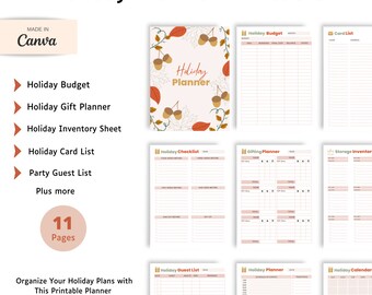 May include: Printable holiday planner with 11 pages, featuring a cover with a fall theme of acorns and leaves. The planner includes sections for budgeting, gift planning, inventory, card lists, guest lists, checklists, and a calendar.