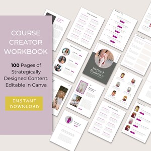 Puede incluir: Un libro de trabajo digital rosa y gris con el texto "COURSE CREATOR WORKBOOK" y "100 p&aacute;ginas de contenido estrat&eacute;gico. Editable en Canva. DESCARGA INSTANT&Aacute;NEA". El libro de trabajo est&aacute; dise&ntilde;ado para creadores de cursos en l&iacute;nea.