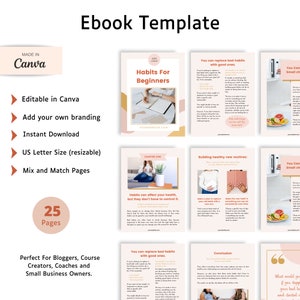 Op de afbeelding: Een roze en perzikkleurige e-book sjabloon met de titel "Ebook Template" en de tekst "Habits For Beginners" in een roze en perzikkleurige doos. De sjabloon is gemaakt in Canva en bevat 25 pagina's. De sjabloon is perfect voor bloggers, cursusmakers, coaches en kleine bedrijven.