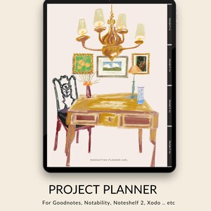 May include: Digital project planner displayed on a tablet. The planner features a watercolor illustration of a room with a desk, chair, chandelier, and artwork. Text at the bottom reads "PROJECT PLANNER" and "For Goodnotes, Notability, Noteshelf 2, Xodo .. etc."