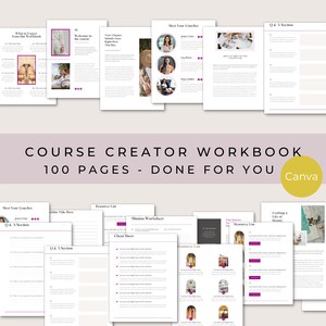 Puede incluir: Un cuaderno de trabajo rosa y blanco con el t&iacute;tulo "Course Creator Workbook 100 Pages - Done For You Canva" y un dise&ntilde;o rosa y blanco. El cuaderno incluye secciones para "Meet Your Coaches", "Q&A Section", "Resource List", "Mission Worksheet", "Cheat Sheet", "Your Journey", "Resource List", y "Crafting a Life of Beauty".