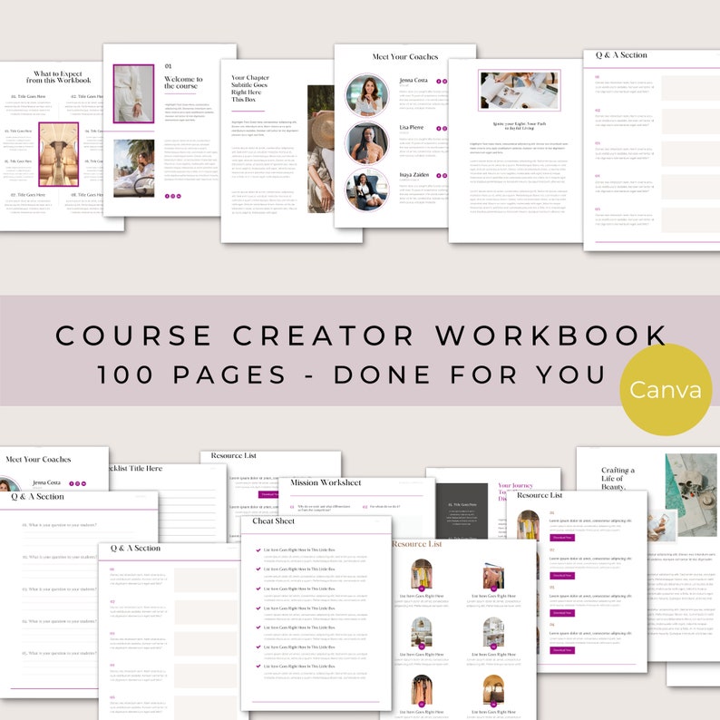 Puede incluir: Un cuaderno de trabajo rosa y blanco con el t&iacute;tulo "Course Creator Workbook 100 Pages - Done For You Canva" y un dise&ntilde;o rosa y blanco. El cuaderno incluye secciones para "Meet Your Coaches", "Q&A Section", "Resource List", "Mission Worksheet", "Cheat Sheet", "Your Journey", "Resource List", y "Crafting a Life of Beauty".