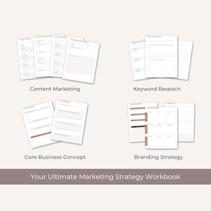 Peut inclure: Un classeur avec un fond gris et le texte "Your Ultimate Marketing Strategy Workbook" en blanc. Le classeur est divis&eacute; en sections avec des titres tels que "Content Marketing", "Keyword Research", "Core Business Concept" et "Branding Strategy". Chaque section a une mise en page diff&eacute;rente et comprend diverses invites et questions pour aider les utilisateurs &agrave; &eacute;laborer une strat&eacute;gie marketing compl&egrave;te.