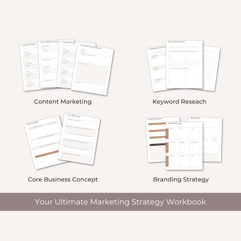 Peut inclure: Un classeur avec un fond gris et le texte "Your Ultimate Marketing Strategy Workbook" en blanc. Le classeur est divis&eacute; en sections avec des titres tels que "Content Marketing", "Keyword Research", "Core Business Concept" et "Branding Strategy". Chaque section a une mise en page diff&eacute;rente et comprend diverses invites et questions pour aider les utilisateurs &agrave; &eacute;laborer une strat&eacute;gie marketing compl&egrave;te.