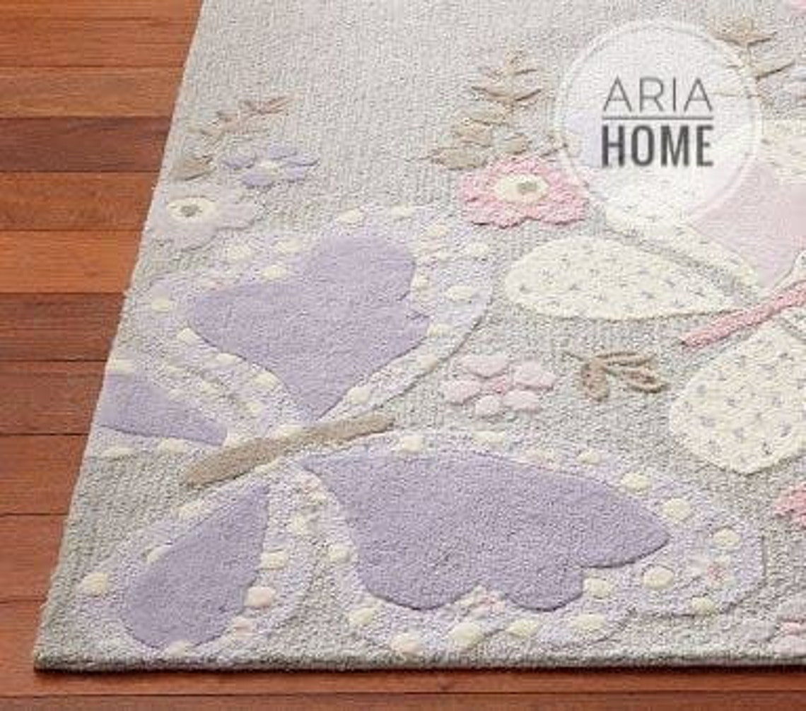 Hand Made Tufted Kids Rug Butterfly Lavender Rug Woolen Carpet Etsy