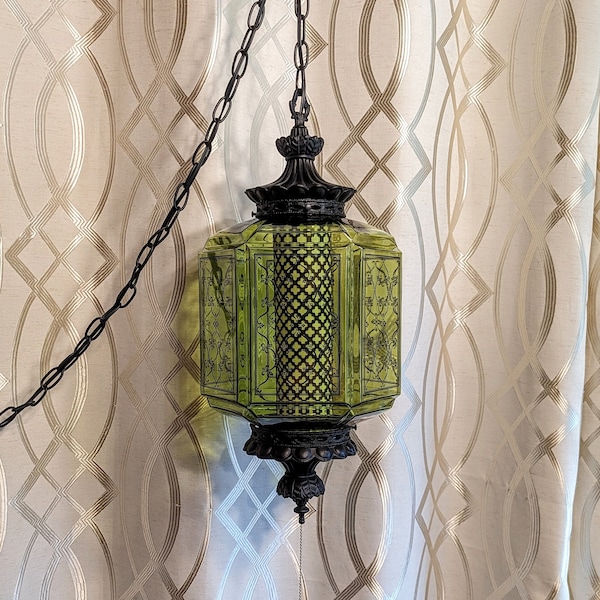 Vintage green glass gothic hexagon swag lamp pendant light Hollywood Regency mid century retro.