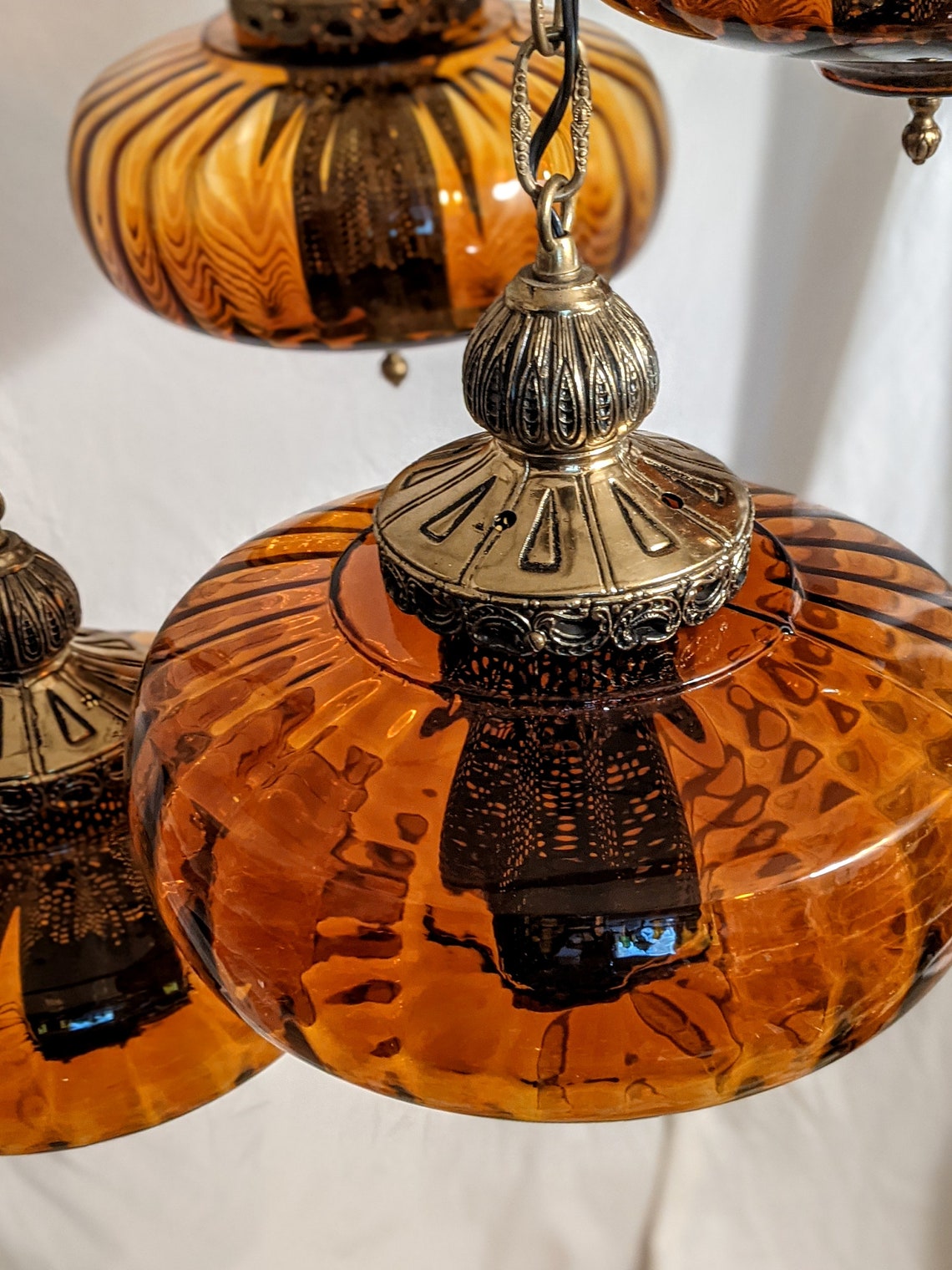 Vintage mcm mid century modern amber glass hanging swag lamp Etsy