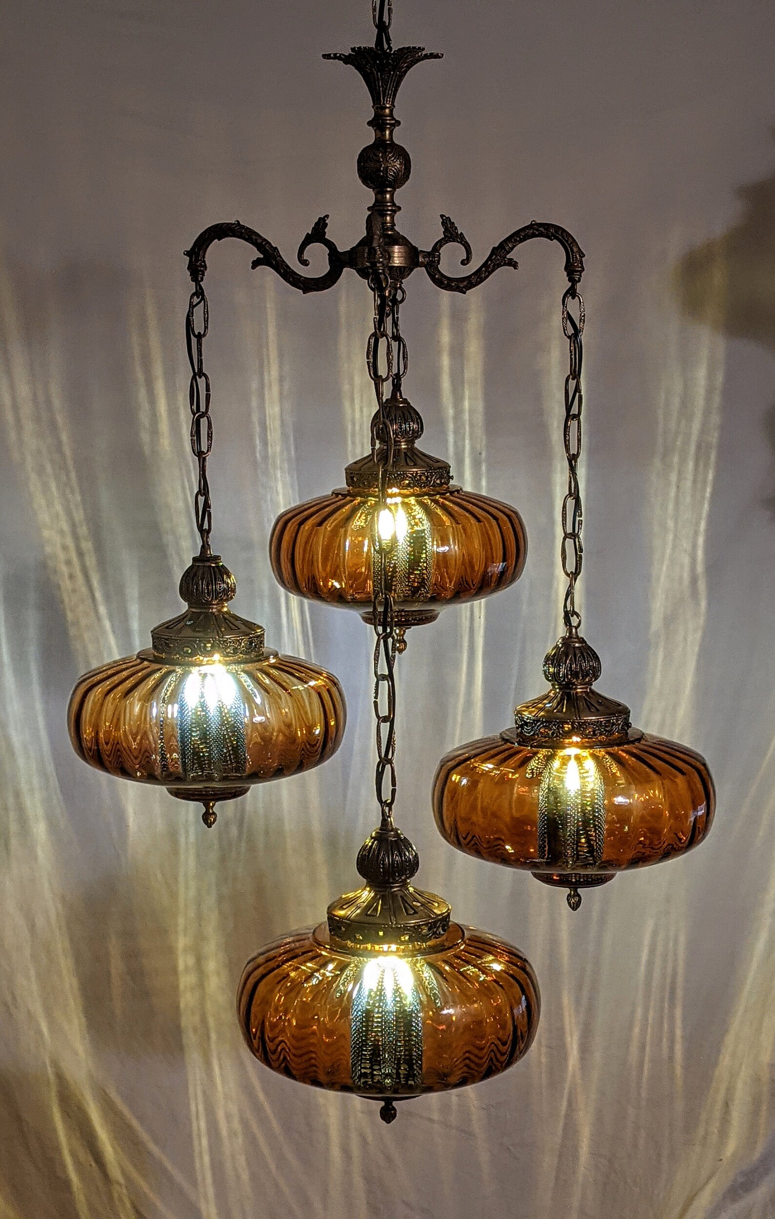 Vintage mcm mid century modern amber glass hanging swag lamp Etsy