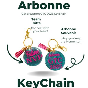 May include: Two teal blue glitter keychains with pink tassels. One keychain says "Future NVP" and the other says "Arbonne GTC 2025".