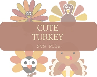 May include: Three cute cartoon turkeys with brown bodies, orange and yellow feathers, and big eyes. The turkeys are in different poses. The text "Cute Turkey SVG File" is on a brown banner.