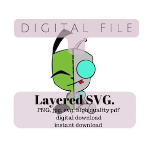 May include: A digital file download of a layered SVG image featuring a green and grey cartoon character with a winking eye and a tongue sticking out. The text "Layered SVG." is below the character, along with the text "PNG, jpg, svg, high quality pdf digital download instant download".